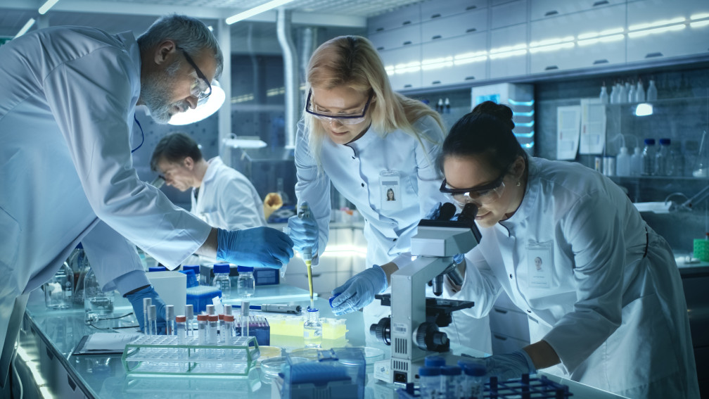 Gruppe von Wissenschaftlern arbeitet zusammen.