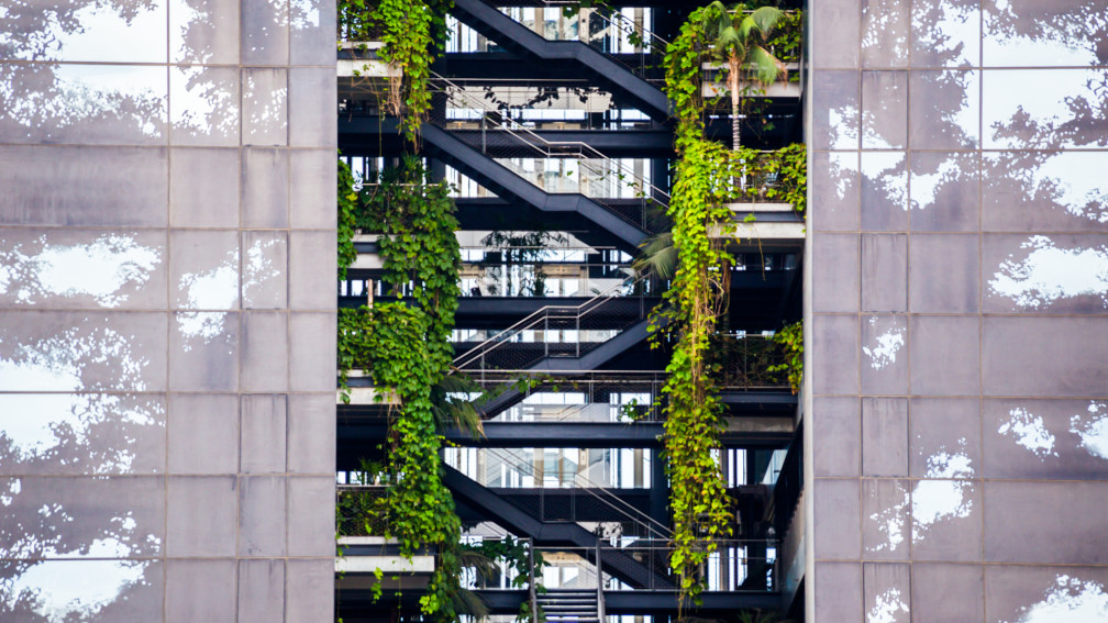 Zwei Gebäude mit grüner Treppe in der Mitte