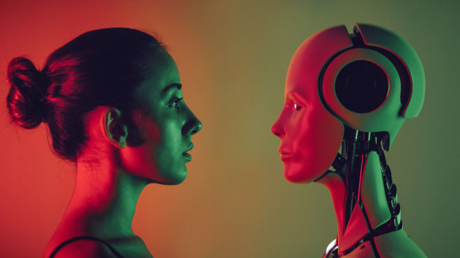 Künstliche Intelligenz Person und Roboter im Profil