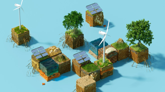 Würfel mit Grass, Bäumen und einer Windturbine
