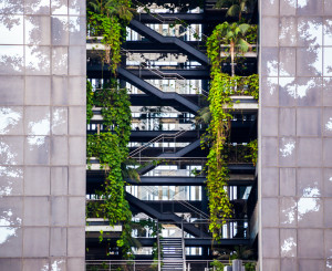 Zwei Gebäude mit grüner Treppe in der Mitte