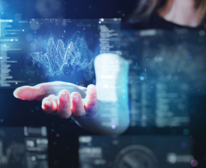 Han einer Frau hält Wellenhologramm