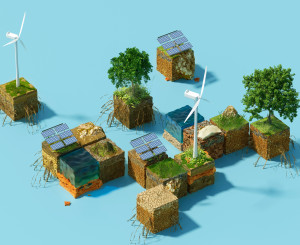 Würfel mit Grass, Bäumen und einer Windturbine